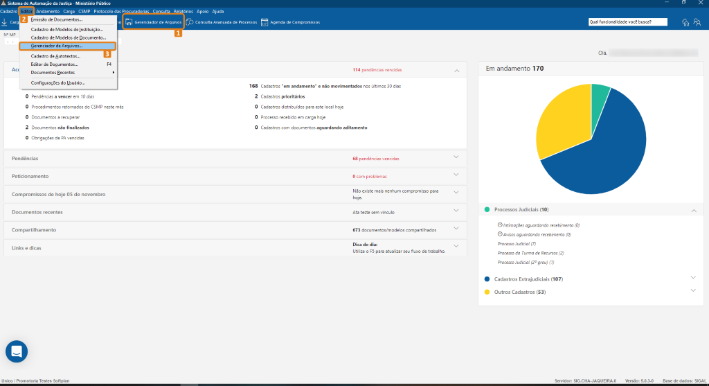 Tela inicial do SAJ/MP com destaque no botão “Gerenciador de Arquivos” na barra de atalhos e na opção correspondente no menu Editor.