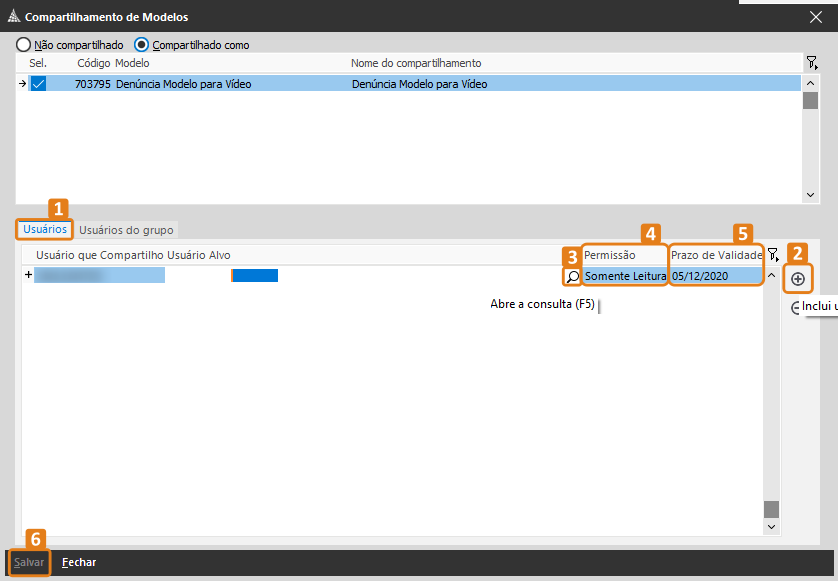 Tela “Compartilhamento de Modelos” no SAJ/MP com destaque na aba “Usuários”, botão “+”, lupa para selecionar usuário, campos de permissão e prazo de validade, e botão “Salvar”.