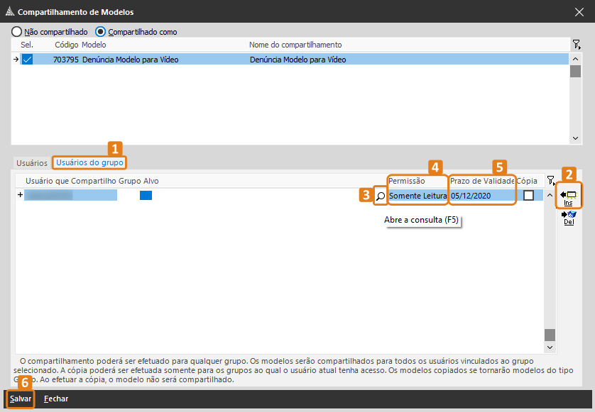 Tela “Compartilhamento de Modelos” no SAJ/MP com destaque na aba “Usuários do grupo”, botão “Ins”, lupa para selecionar órgão, campos de permissão e prazo de validade, e botão “Salvar”.