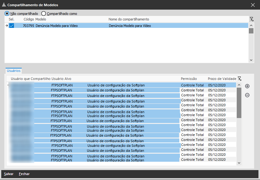 Tela “Compartilhamento de Modelos” no SAJ/MP mostrando lista de usuários com quem o modelo foi compartilhado, incluindo permissões e prazos de validade. Destaque para o botão “Salvar”.