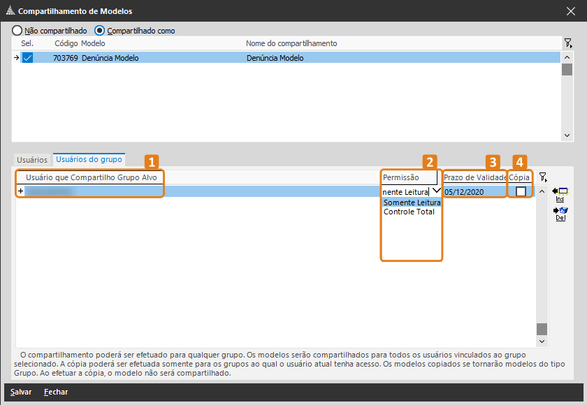 Tela “Compartilhamento de Modelos” no SAJ/MP com destaque na aba “Usuários do grupo”, campos de permissão, prazo de validade e opção “Cópia”.