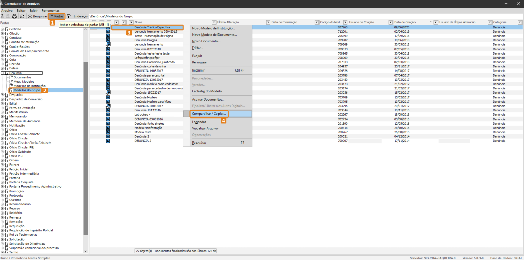 Tela do Gerenciador de Arquivos no SAJ/MP com destaque na aba “Pastas”, na categoria e tipo selecionados, no documento escolhido e na opção “Compartilhar/Copiar”.