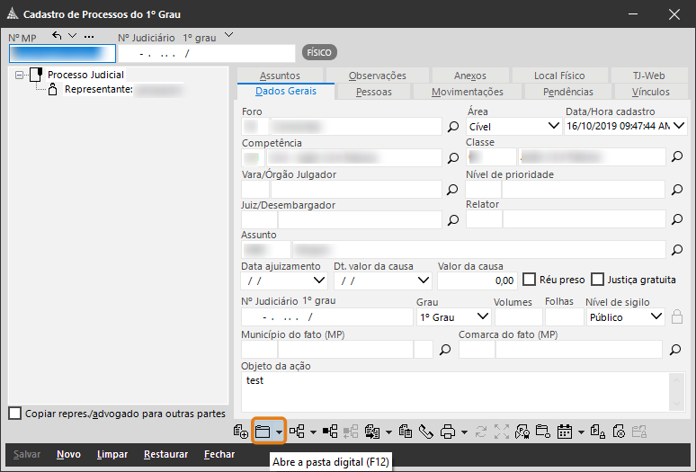 Tela “Cadastro de Processos do 1º Grau” no SAJ/MP com destaque no ícone de pasta digital na barra inferior.