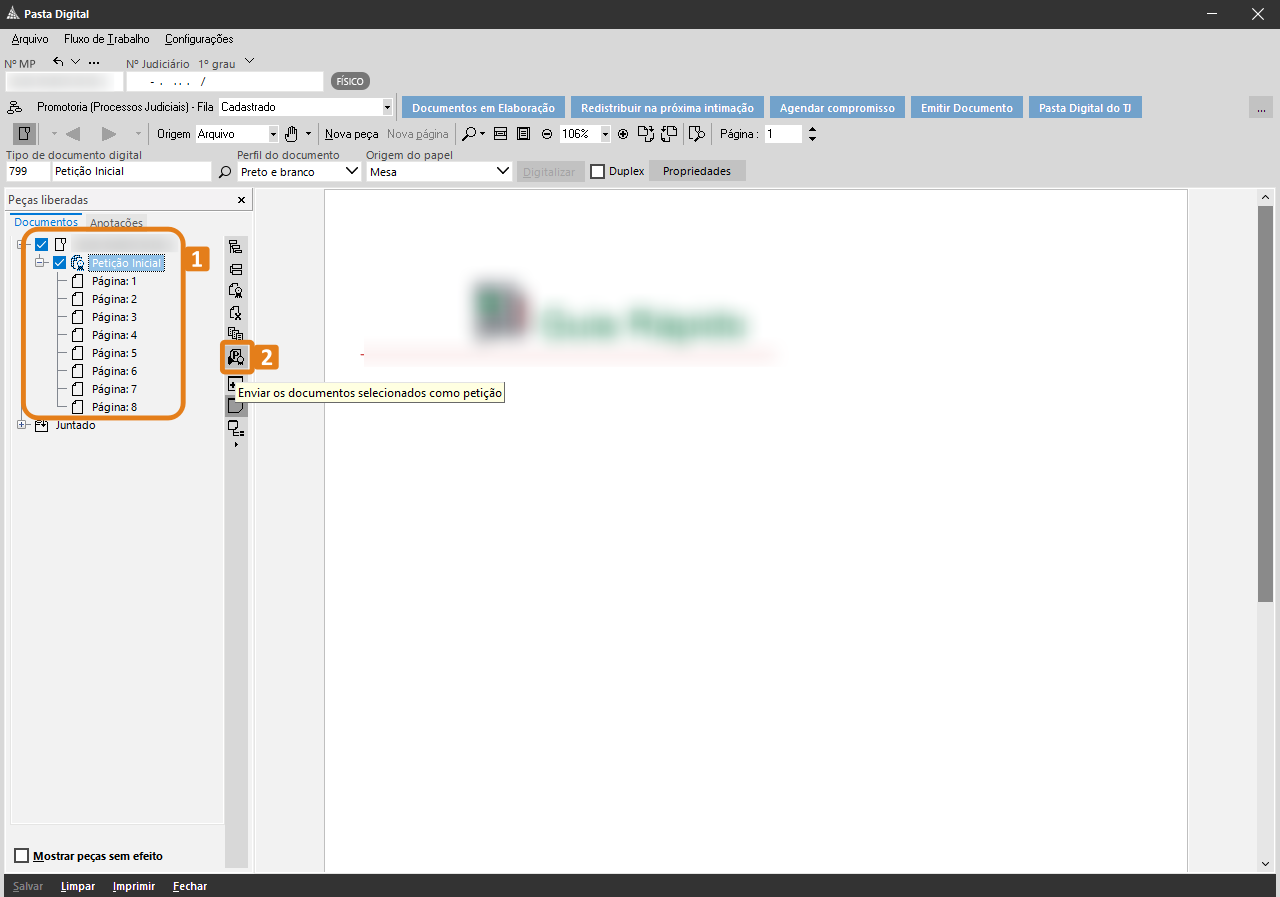 Tela “Pasta Digital” no SAJ/MP com destaque na lista de peças selecionáveis e no botão “Enviar os documentos selecionados como petição” na barra lateral.