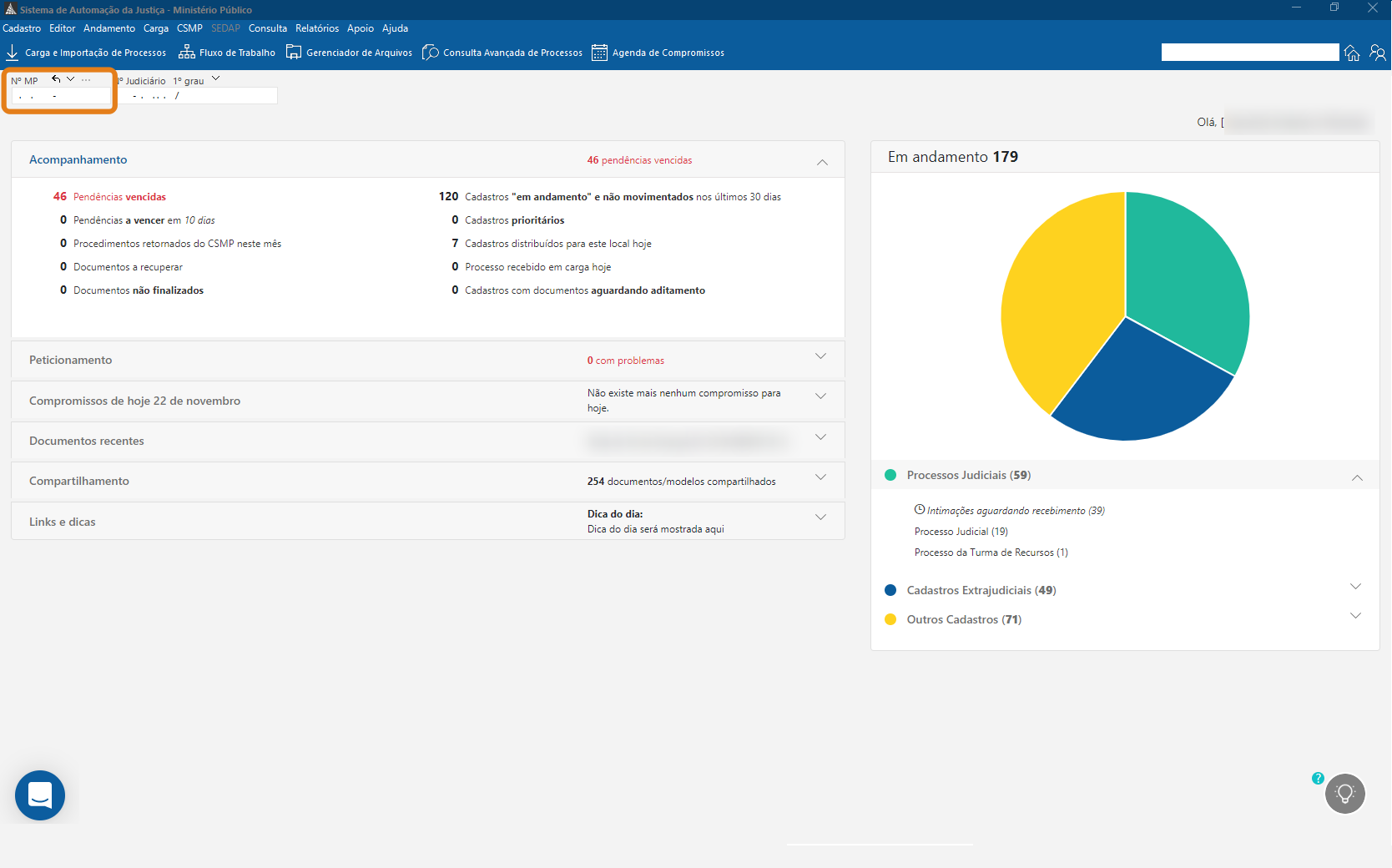 Tela inicial do SAJ/MP com destaque no campo “Nº MP” no acesso rápido para pesquisa de processos.