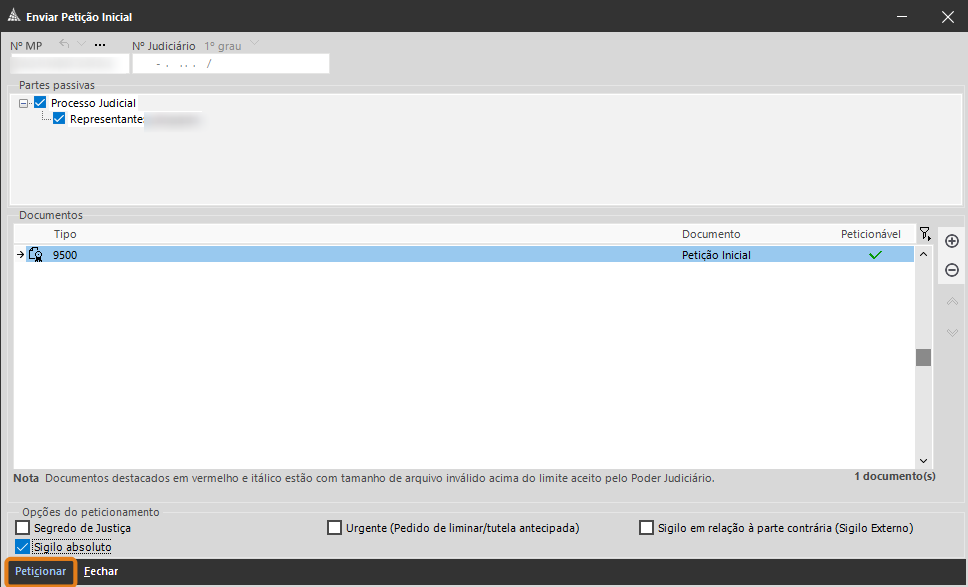 Tela “Enviar Petição Inicial” no SAJ/MP com destaque no botão “Peticionar” na parte inferior.