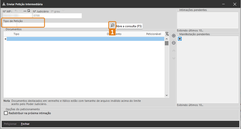 Tela “Enviar Petição Intermediária” no SAJ. Campo “Tipo de Petição” está destacado em laranja, com ícone de lupa ao lado para abrir consulta.