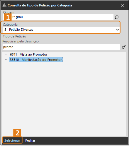 Tela “Consulta de Tipo de Petição por Categoria” no SAJ com campo “Categoria” e botão “Selecionar” destacados em laranja.