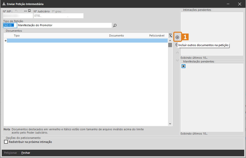 Tela “Enviar Petição Intermediária” no SAJ com botão “+” destacado em laranja para incluir documentos na petição.