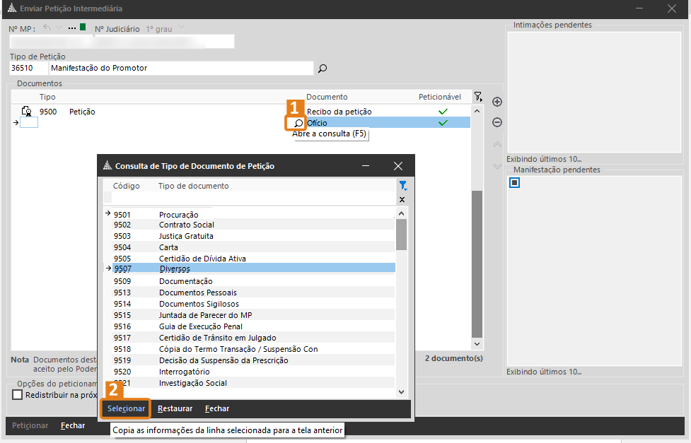 Tela “Enviar Petição Intermediária” no SAJ com ícone de lupa destacado em laranja para escolher tipo de documento e botão “Selecionar” também destacado.