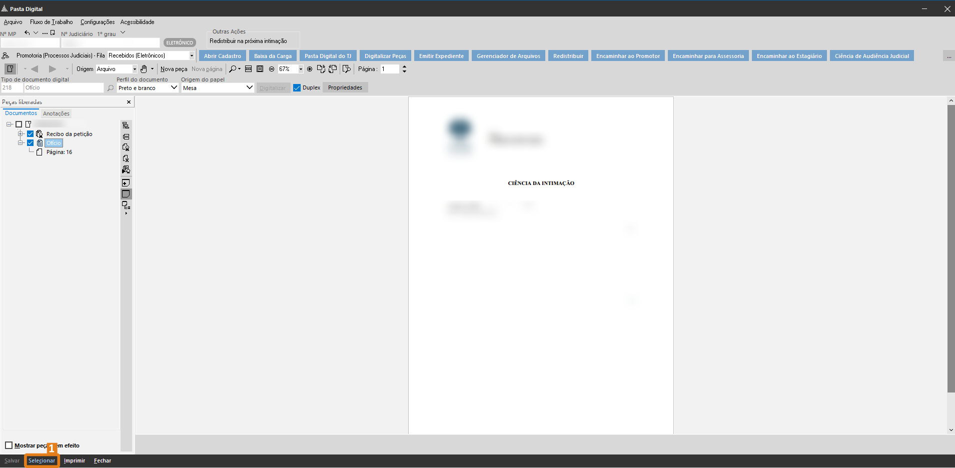 Tela “Pasta Digital” no SAJ com botão “Selecionar” destacado em laranja na parte inferior.