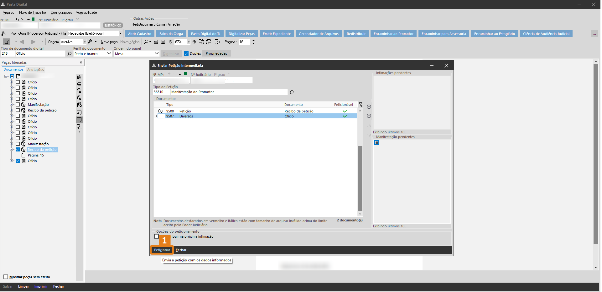 Tela “Pasta Digital” no SAJ com botão “Peticionar” destacado em laranja na parte inferior.