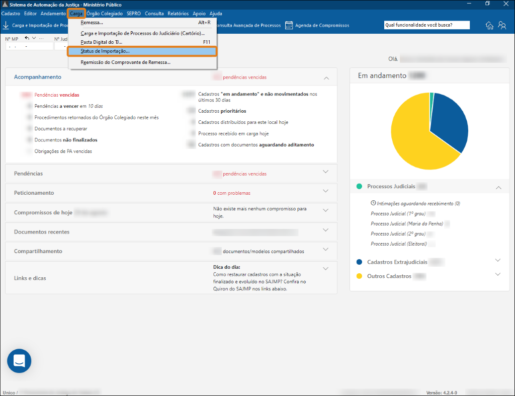 Menu “Carga” aberto no Sistema de Automação da Justiça, com a opção “Status de Importação” destacada em laranja.