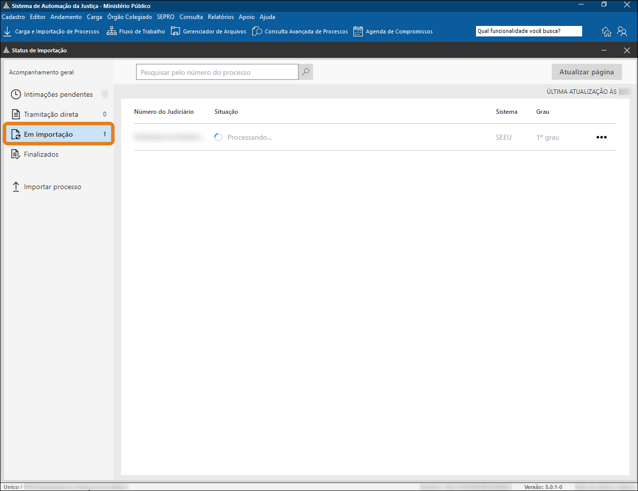 Tela “Status de Importação” do Sistema de Automação da Justiça, com a aba “Em importação” destacada em laranja na lateral esquerda.