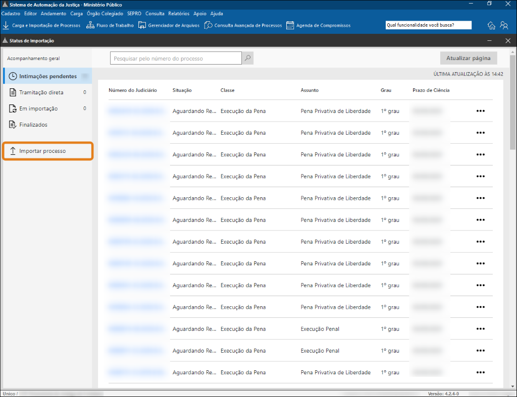 Tela “Status de Importação” do Sistema de Automação da Justiça, com a opção “Importar processo” destacada em laranja na lateral esquerda.