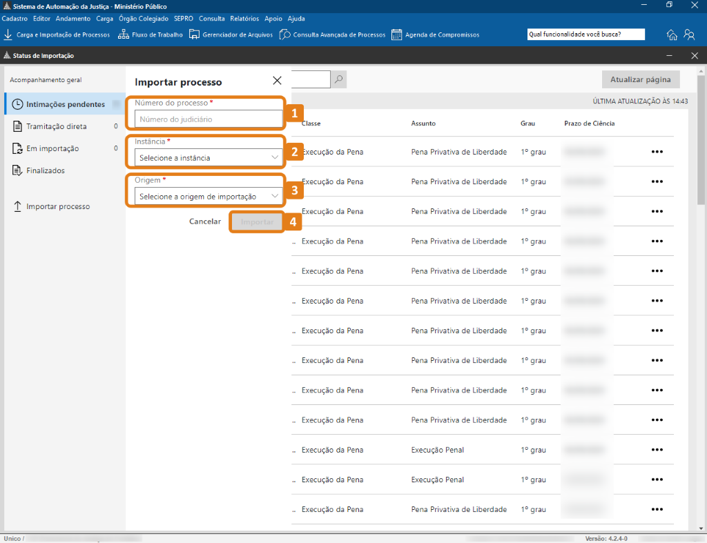 Aba “Importar processo” aberta no Sistema de Automação da Justiça, com campos destacados em laranja: Número do processo, Instância, Origem e botão Importar.