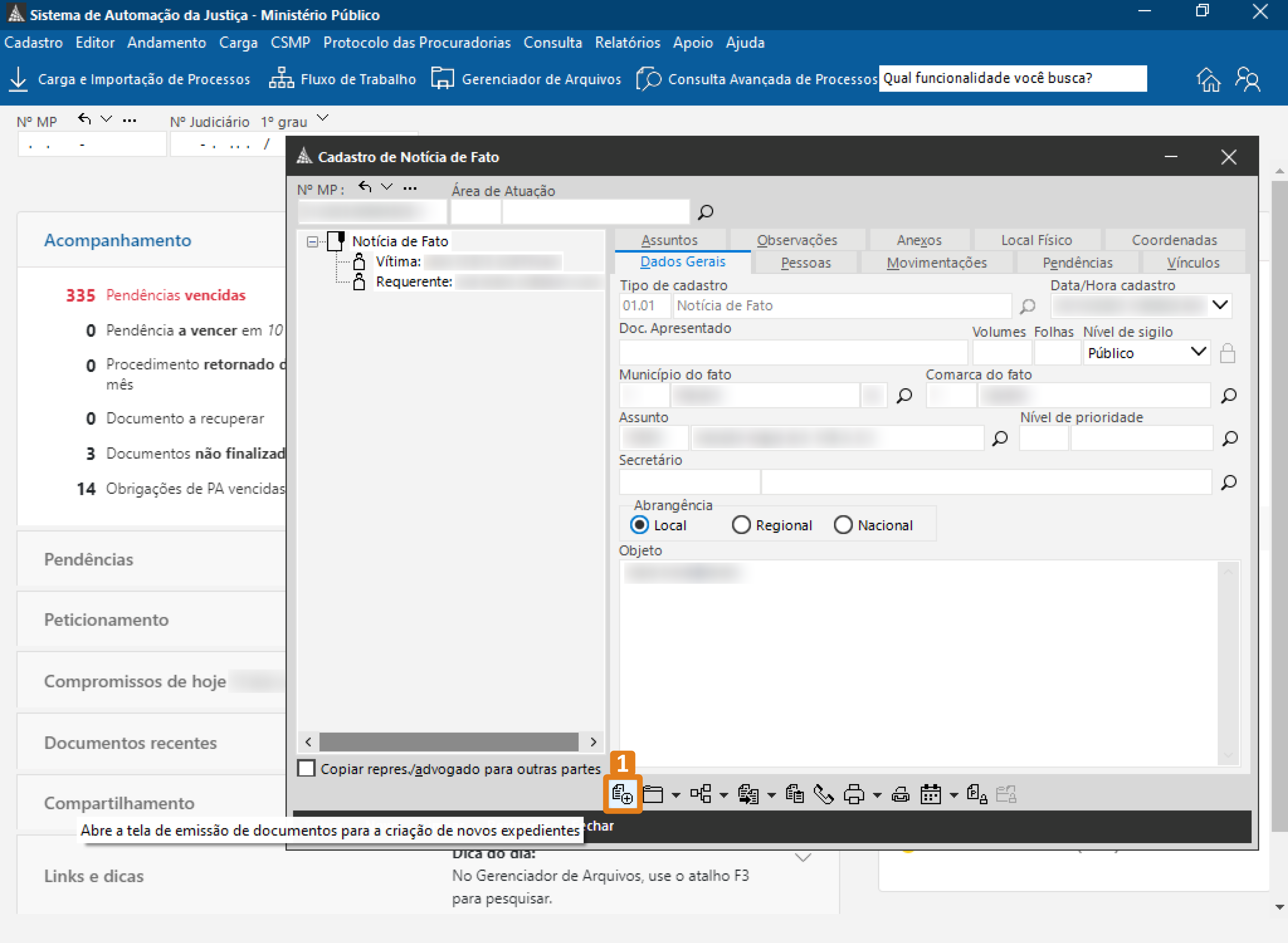 Tela do SAJ com formulário de “Notícia de Fato” aberto. Um destaque em laranja indica o ícone para criar novos expedientes.