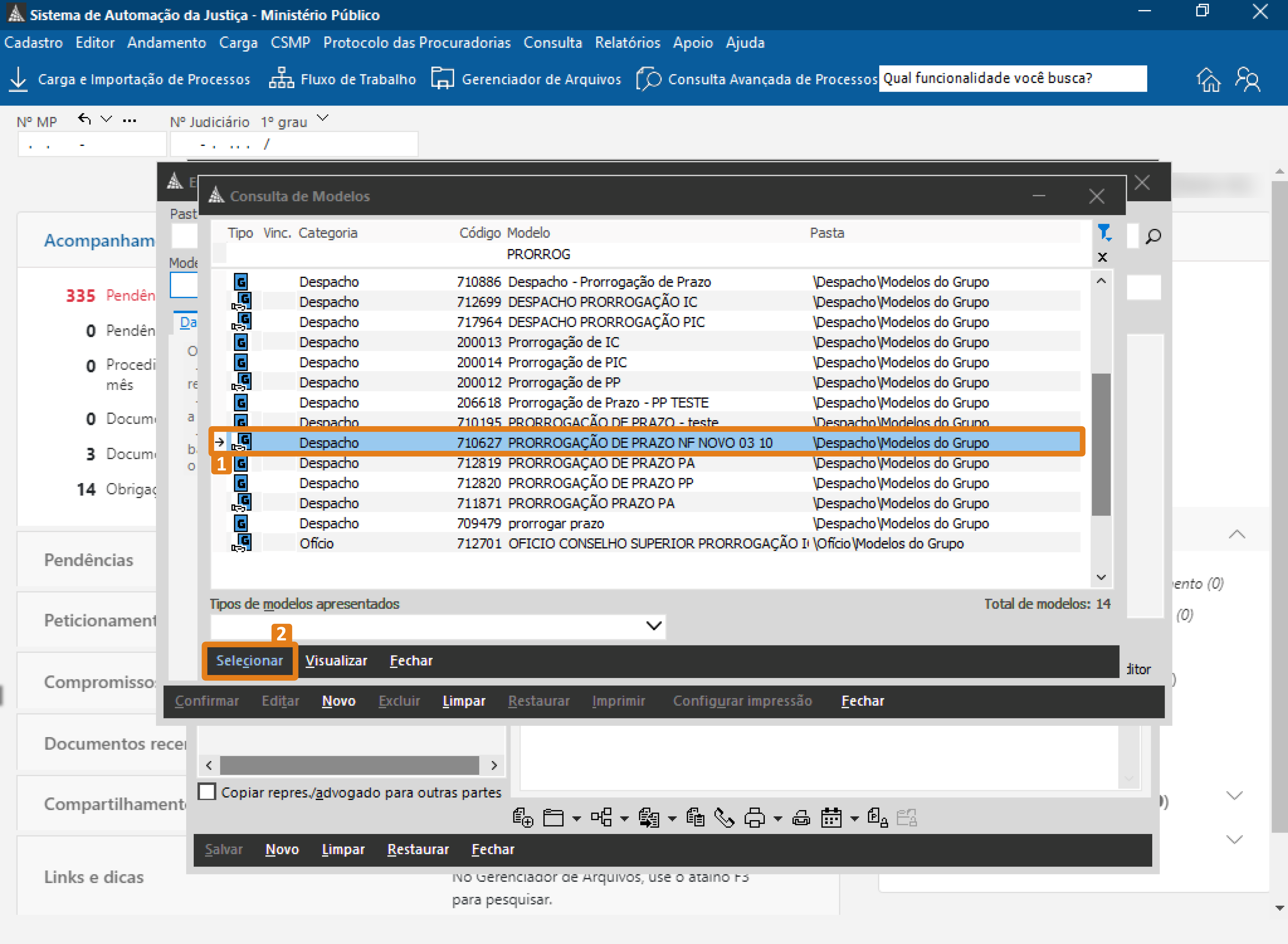 Tela do SAJ com janela de consulta de modelos aberta. Dois destaques em laranja: um modelo selecionado na lista e o botão “Selecionar”.
