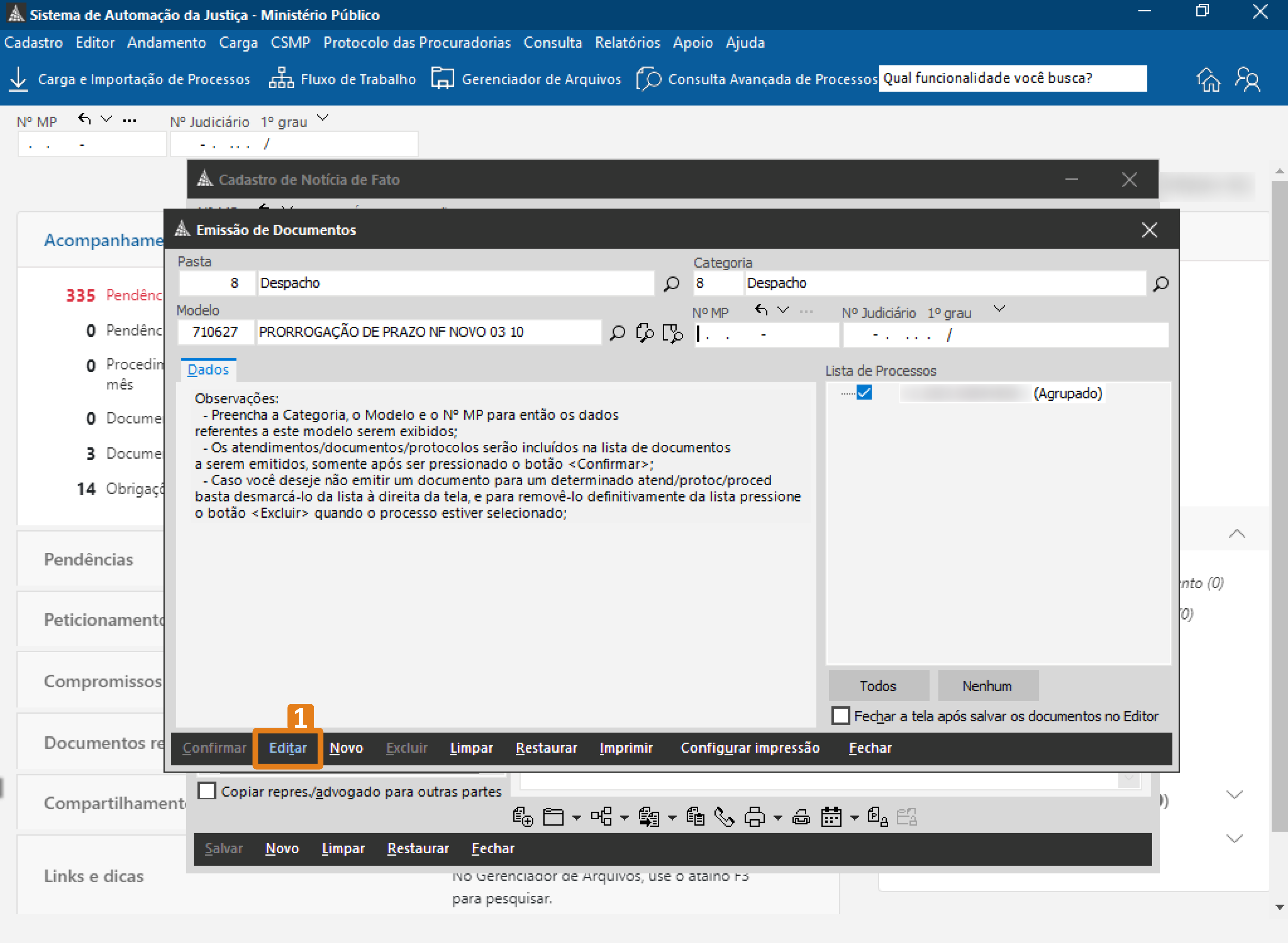 Tela do SAJ com janela de emissão de documentos aberta. Um destaque em laranja indica o botão “Editar”.