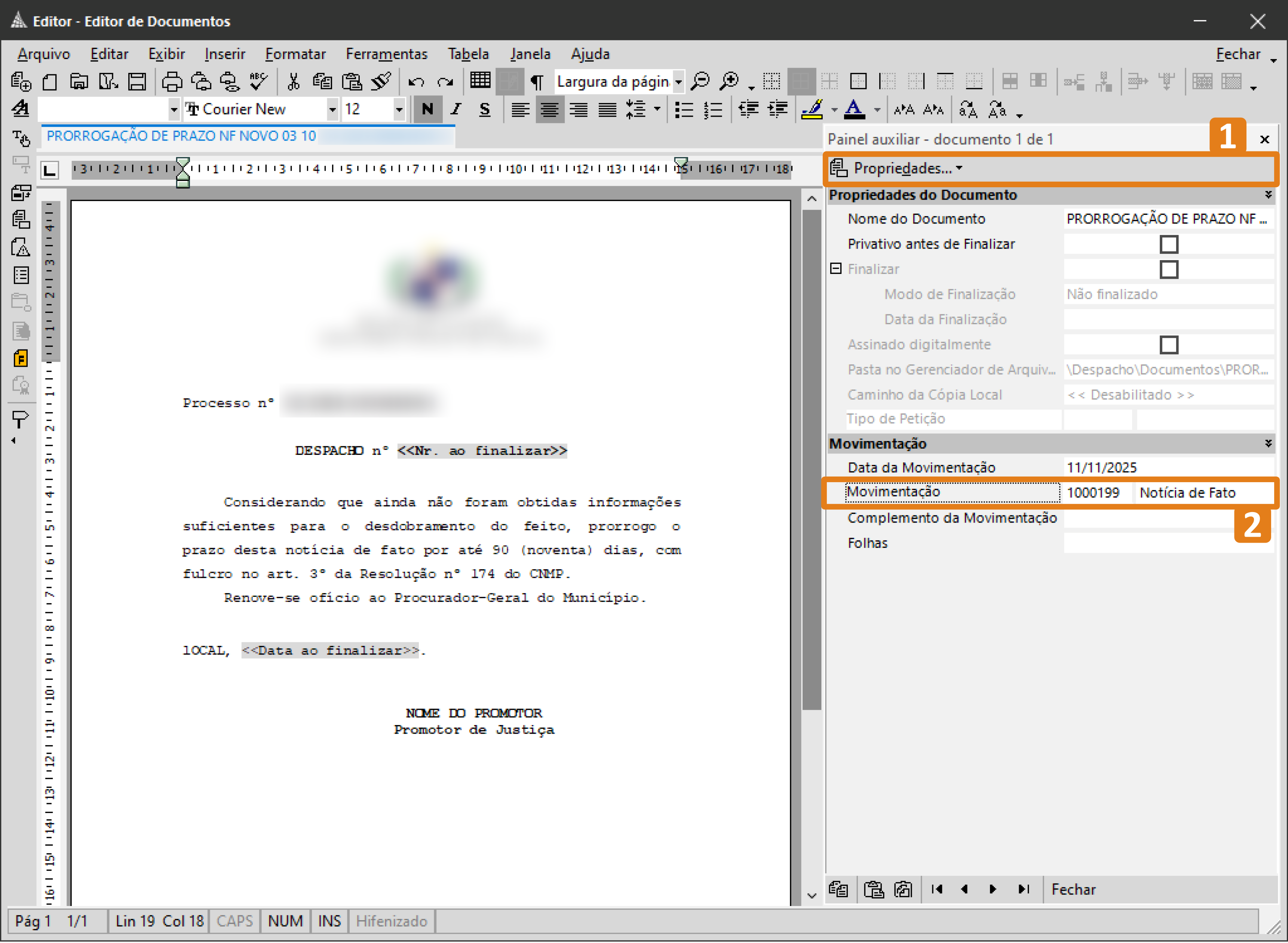 Tela do SAJ com editor de documentos aberto. Dois destaques em laranja: aba “Propriedades” no painel auxiliar e campo “Movimentação” com valor preenchido.