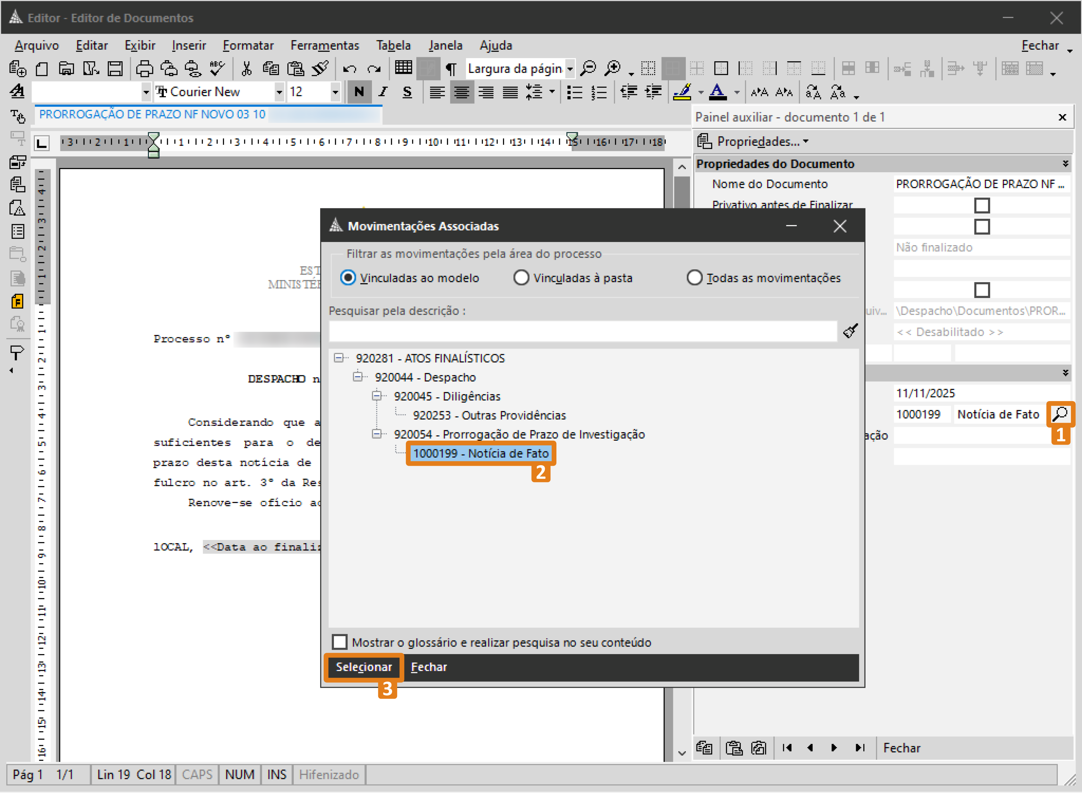 Tela do SAJ com editor de documentos aberto e janela de movimentações associadas. Três destaques em laranja: ícone de pesquisa, movimentação “Notícia de Fato” e botão “Selecionar”.