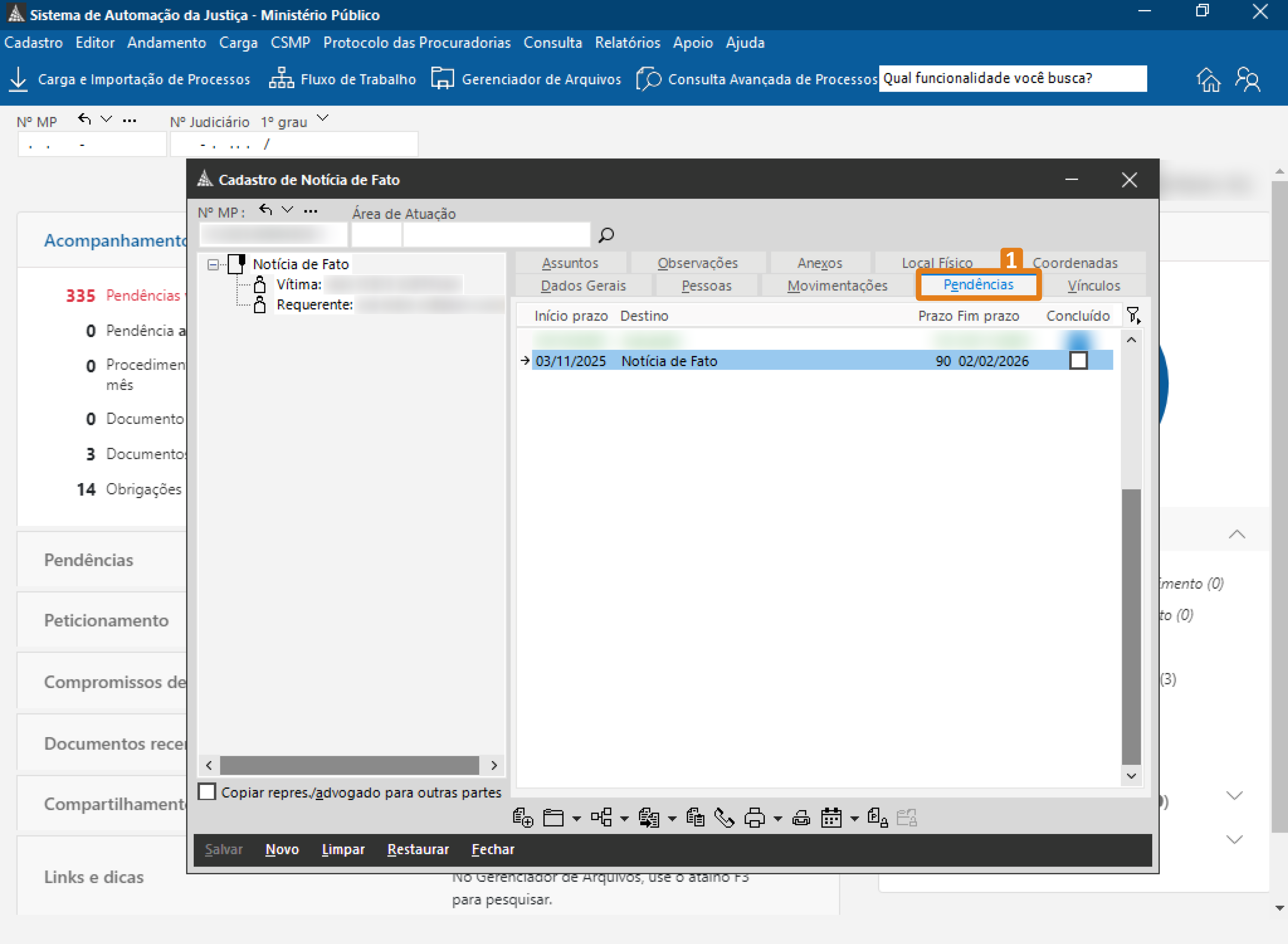 Tela do SAJ com cadastro de “Notícia de Fato” aberto. Um destaque em laranja indica a aba “Pendências”, que exibe prazo iniciado em 03/11/2025 e término em 02/02/2026.