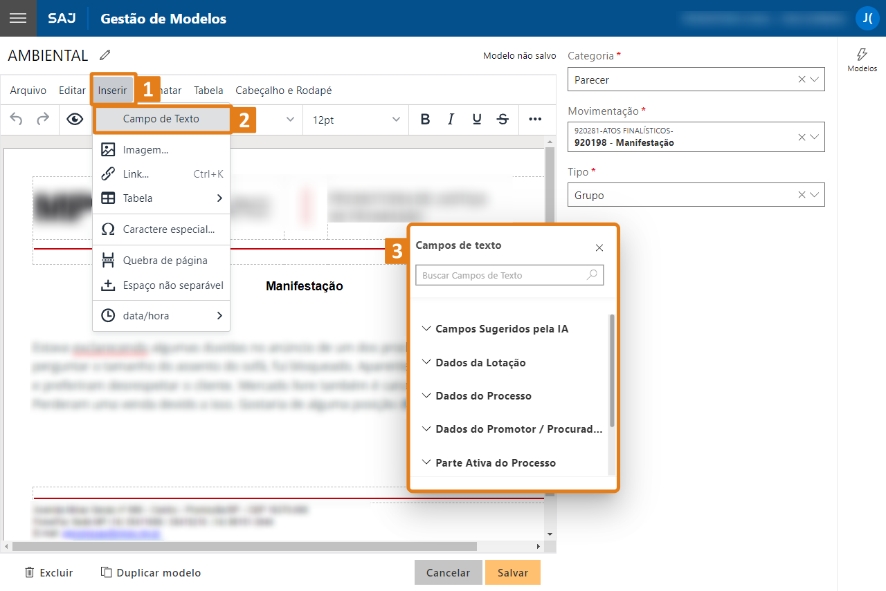 Tela do SAJ na funcionalidade Gestão de Modelos. Três destaques em laranja: opção Inserir no menu superior, item Campo de Texto no submenu e janela Campos de texto aberta para seleção.