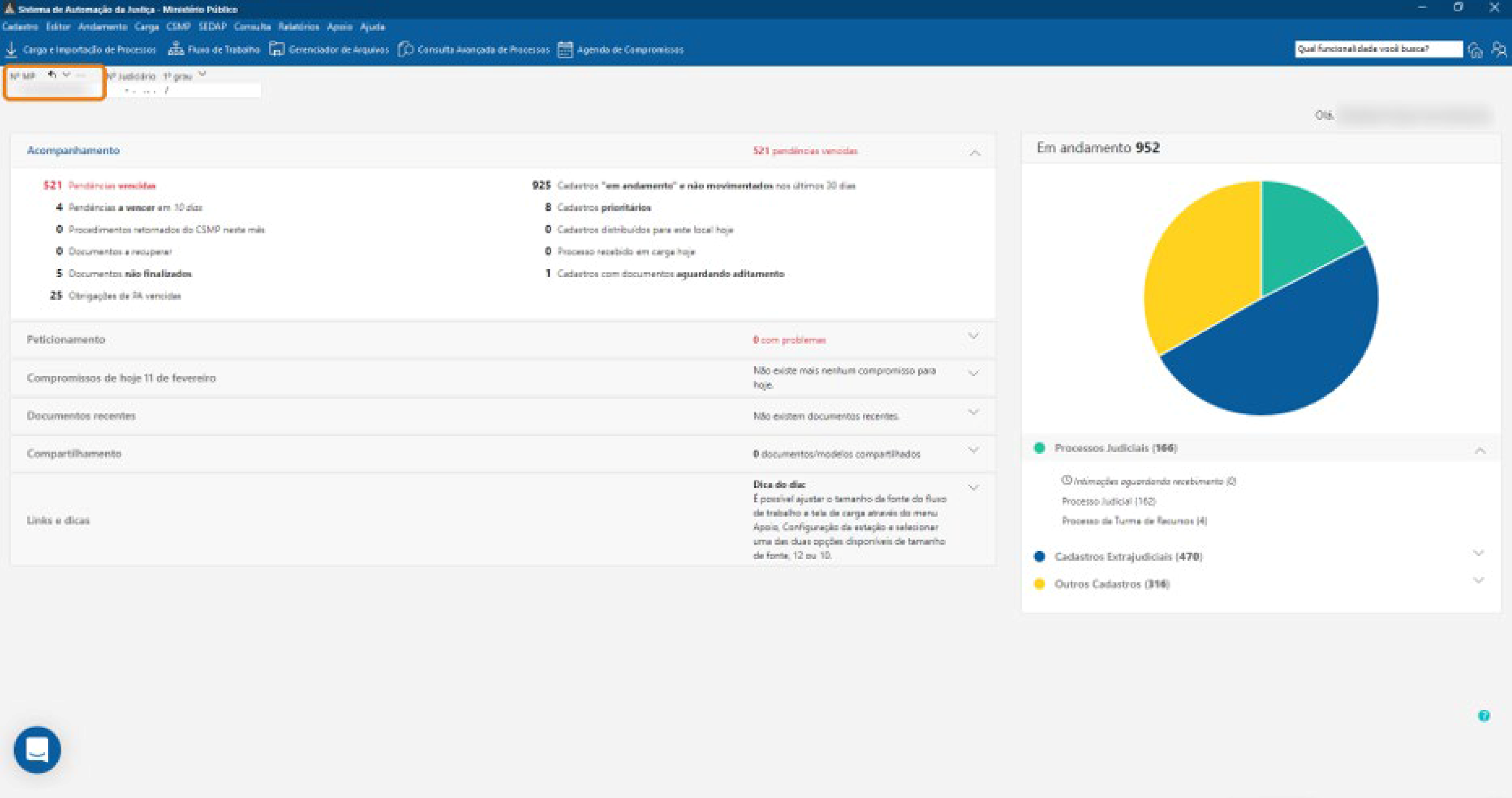 Tela inicial do sistema SAJ MP. Na parte superior, há um campo destacado em laranja para inserir o número MP