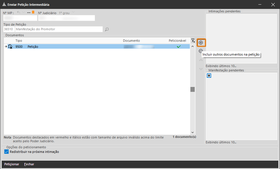 Tela do SAJ – Enviar Petição Intermediária com documento do tipo “Petição” listado e ícone destacado para incluir outros documentos na petição.