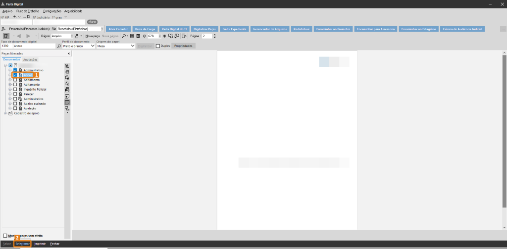 Tela do SAJ – Pasta Digital com dois documento selecionado e botão “Selecionar” destacado na parte inferior.