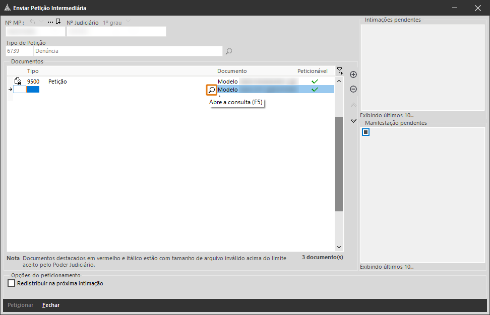 Tela do SAJ – Enviar Petição Intermediária com lista de documentos exibida e ícone destacado para abrir a consulta (F5).
