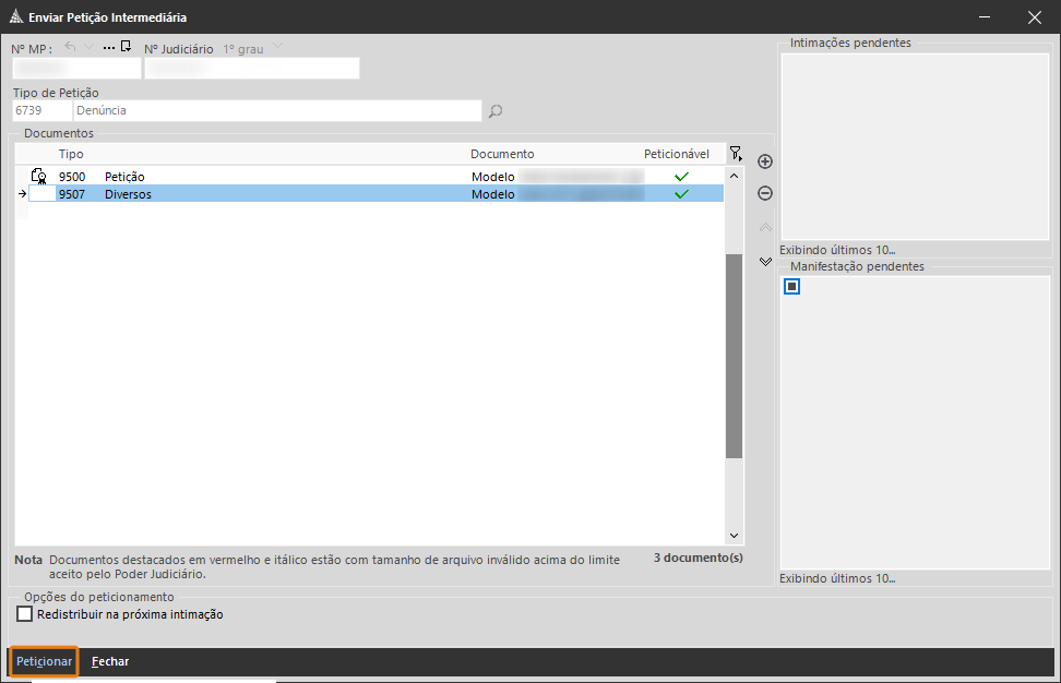 Tela do SAJ – Enviar Petição Intermediária com lista de documentos exibida e botão “Peticionar” destacado na parte inferior.