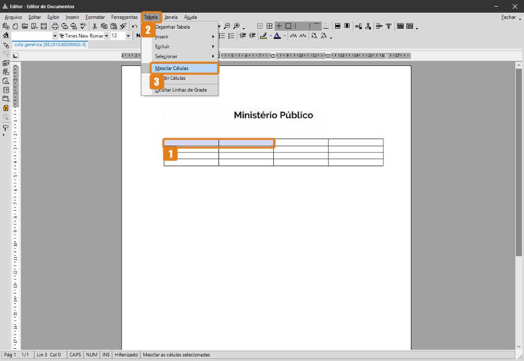 Tela do SAJ – Editor de Documentos com célula da tabela selecionada (destaque 1), menu “Tabela” aberto (destaque 2) e opção “Mesclar Células” destacada (destaque 3).