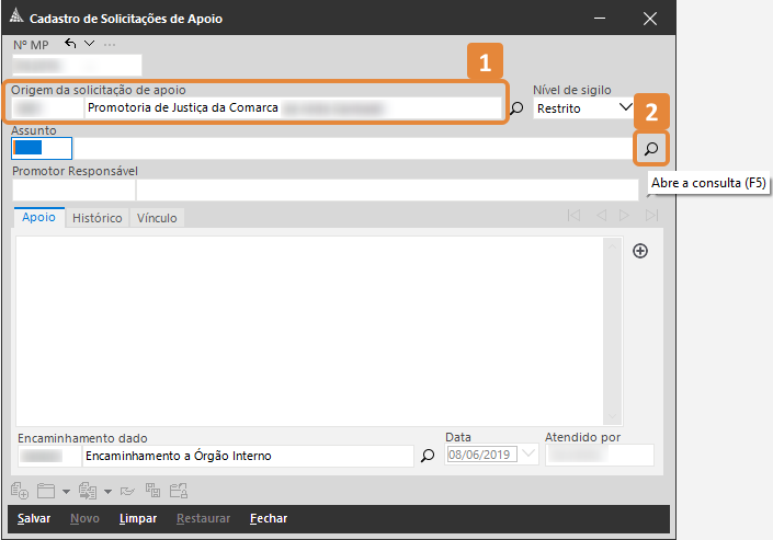 Tela de Cadastro de Solicitações de Apoio no SAJ. Destaques: campo “Origem da solicitação de apoio” preenchido e ícone de consulta ao lado.