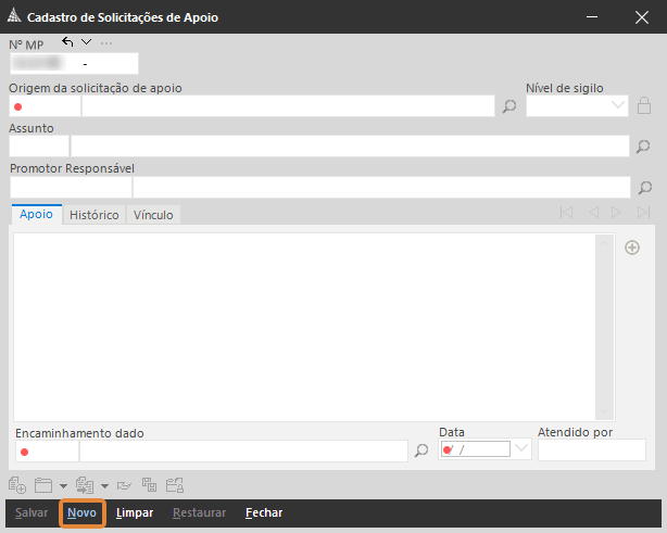 Tela de Cadastro de Solicitações de Apoio no SAJ. Destaque: botão “Novo” na barra inferior.