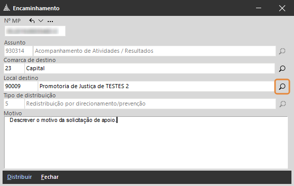Tela de Encaminhamento no SAJ. Destaque: ícone de consulta ao lado do campo “Local destino”.