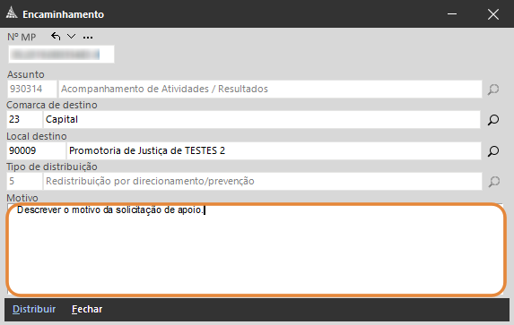 Tela de Encaminhamento no SAJ. Destaque: campo “Motivo” para descrever a solicitação de apoio.