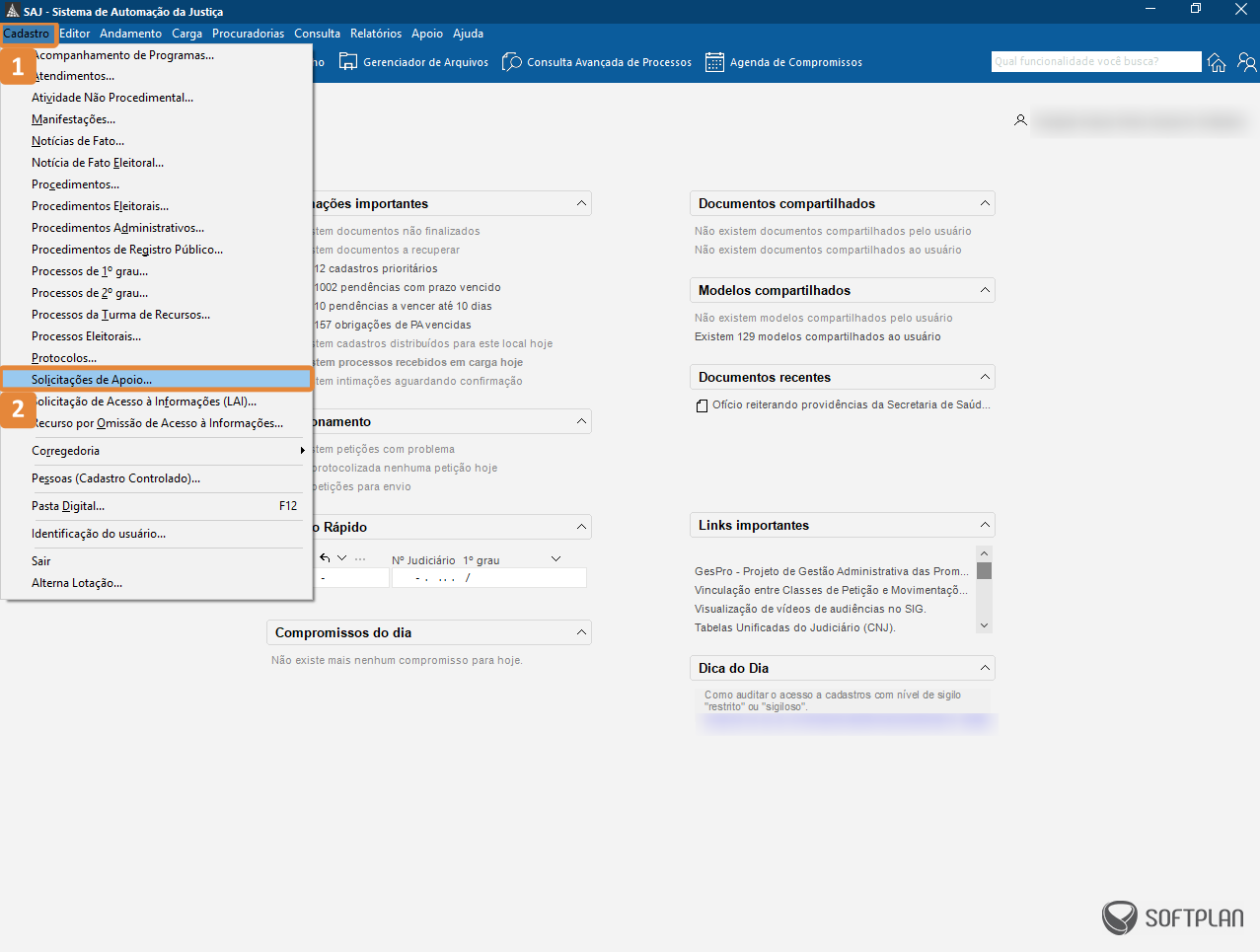 Tela inicial do sistema SAJ. Destaques: aba “Cadastro” no menu superior e opção “Solicitações de Apoio” no menu suspenso.