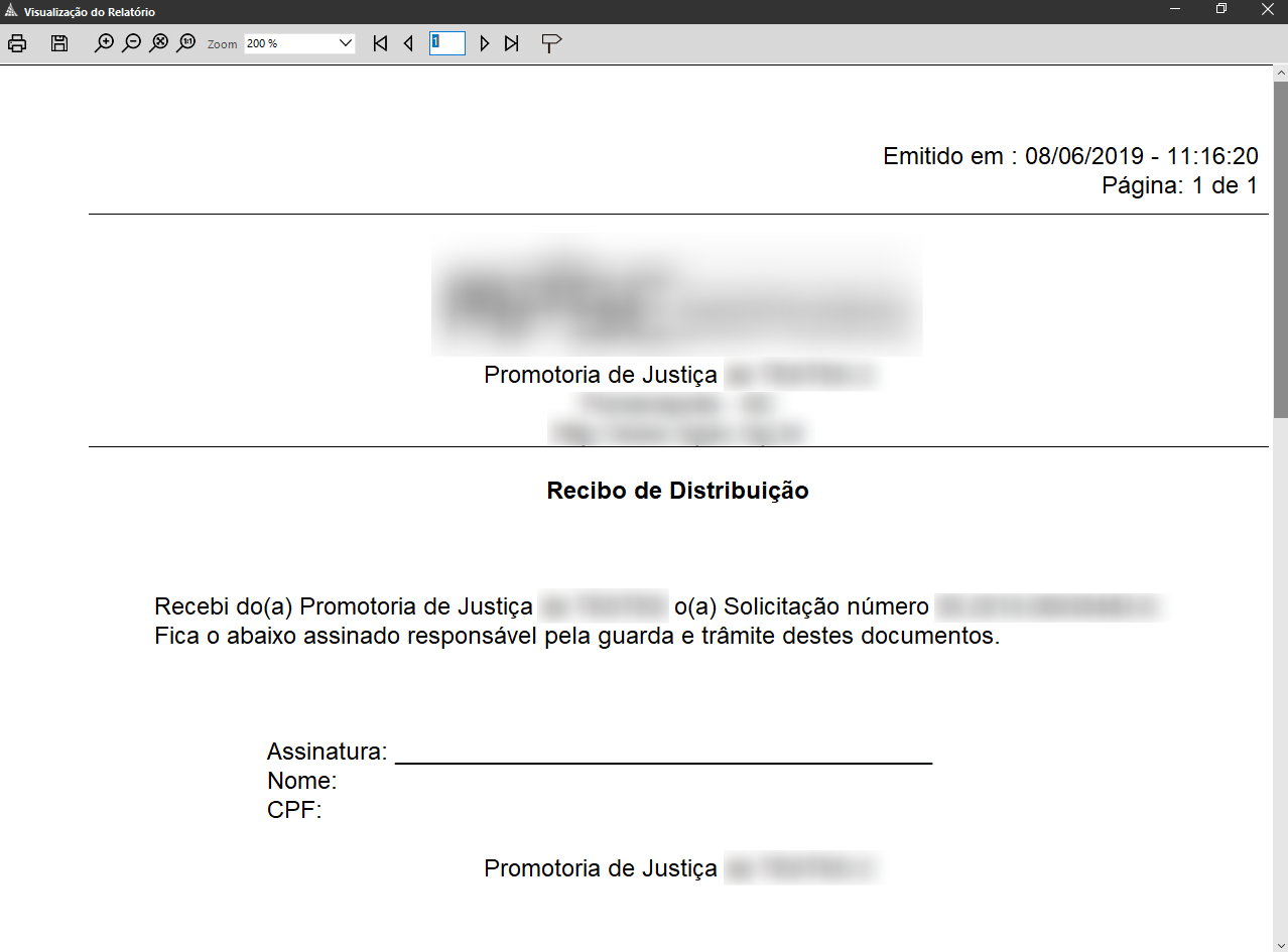 Tela de Visualização de Relatório no SAJ. Documento exibindo “Recibo de Distribuição” com dados da Promotoria, número da solicitação e campos para assinatura, nome e CPF.