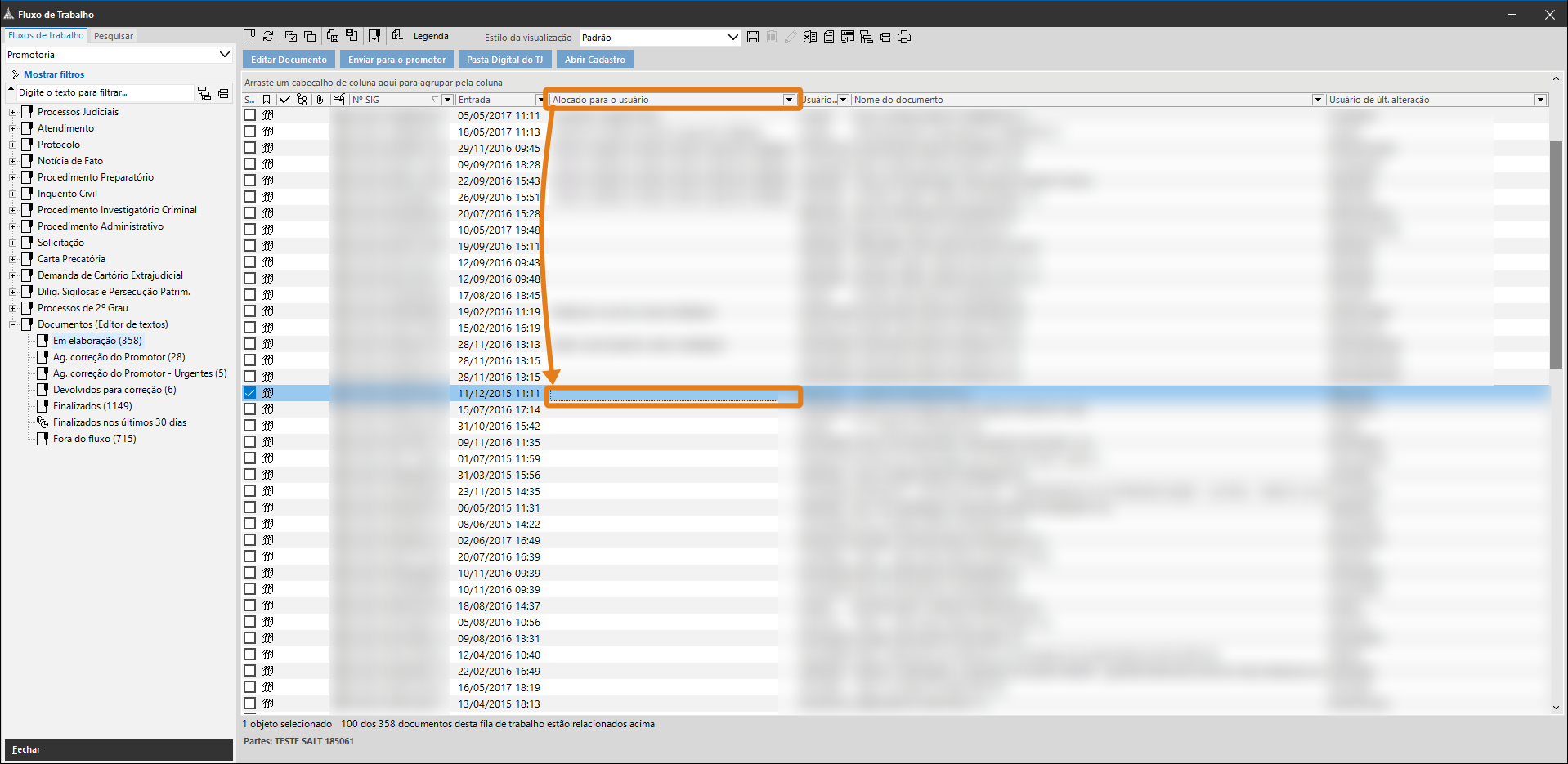 Tela do SAJ no Fluxo de Trabalho. Destaque: coluna “Alocado para o usuário” sem informação, indicando que o documento está liberado.