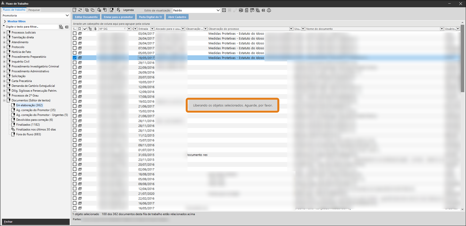 Tela do SAJ no Fluxo de Trabalho. Destaque: mensagem “Liberando os objetos selecionados. Aguarde, por favor.” exibida no centro da tela.
