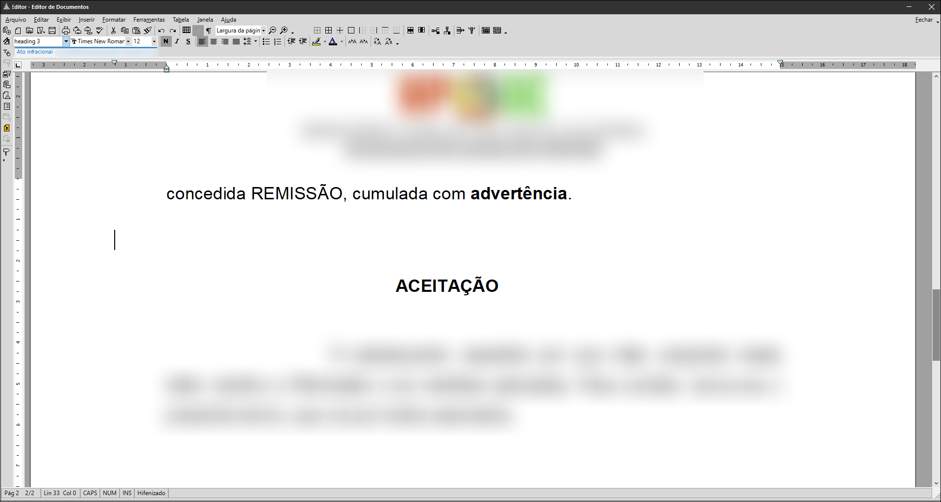 Editor de Documentos do SAJ com texto central: “concedida REMISSÃO, cumulada com advertência”, seguido do título “ACEITAÇÃO”. Barra de ferramentas visível na parte superior com opções de formatação.