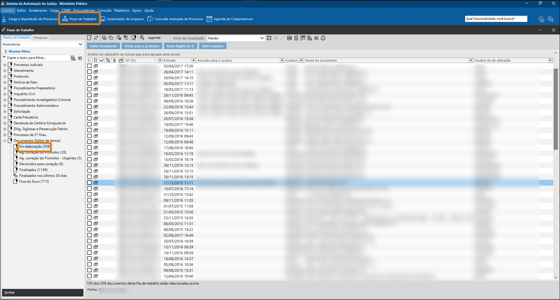 Tela do SAJ no Fluxo de Trabalho. Destaques: botão “Fluxo de Trabalho” na barra superior e fila “Em elaboração” selecionada no subfluxo “Documentos – Editor de textos”.