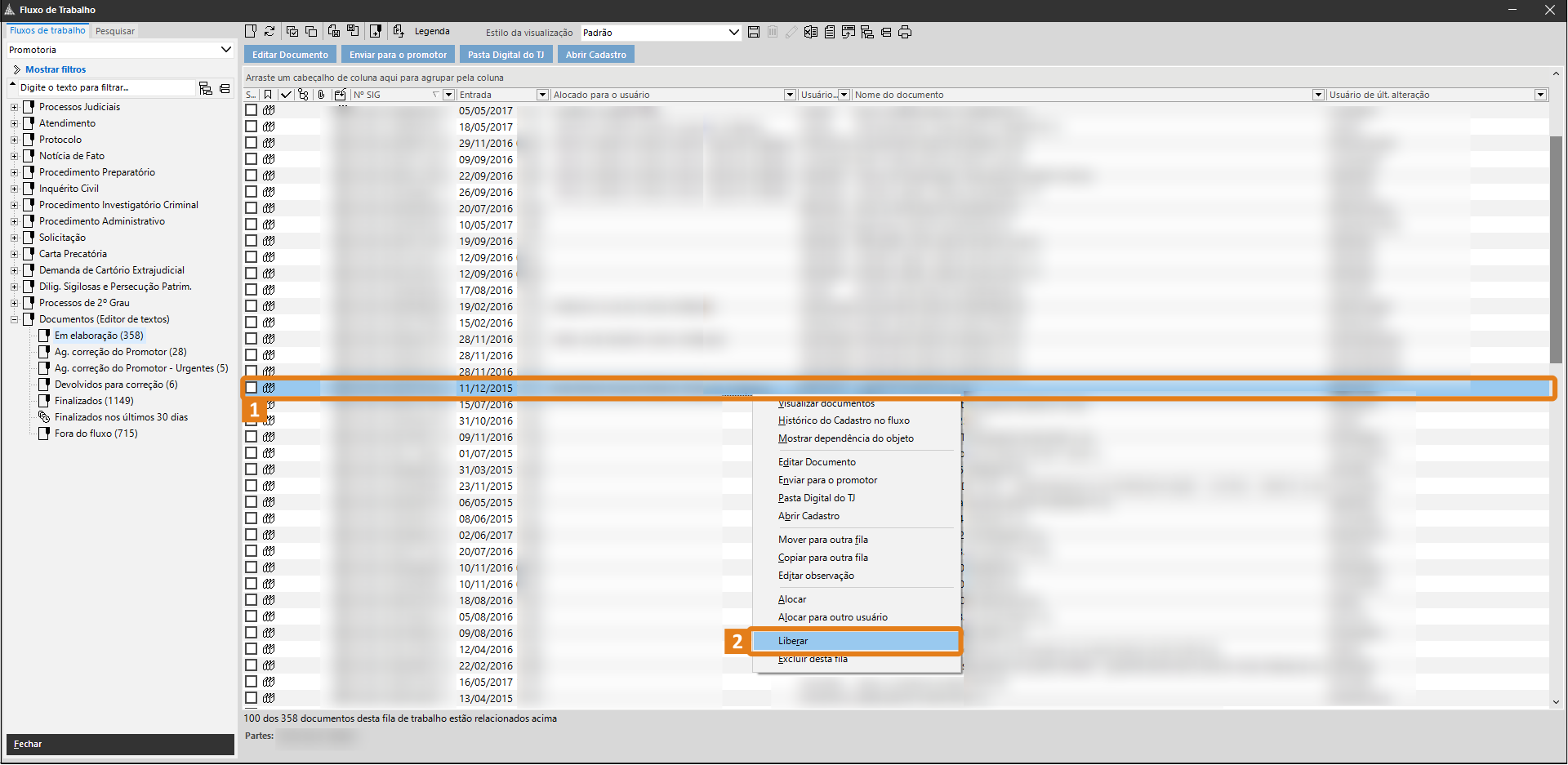 Tela do SAJ no Fluxo de Trabalho. Destaques: documento selecionado na lista e opção “Liberar” no menu de contexto.