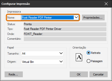 Janela “Configurar Impressão” do SAJMP com as opções da impressora. Destaque em laranja para o campo Nome, que exibe a impressora selecionada.