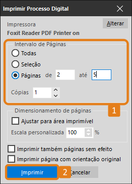 Janela “Imprimir Processo Digital” do SAJMP. Destaques em laranja indicam: o bloco de configuração do intervalo de páginas, com o campo final preenchido (1), e o botão Imprimir no rodapé (2).