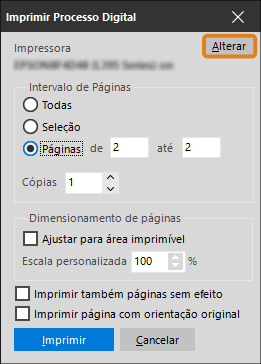 Janela “Imprimir Processo Digital” do SAJMP com opções de impressão. Destaque em laranja para o botão Alterar