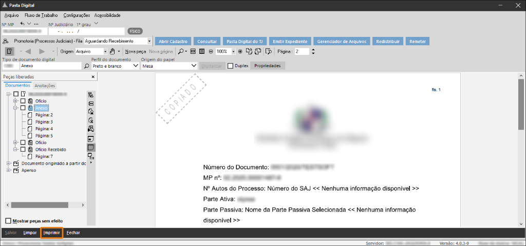 Tela da Pasta Digital no SAJMP exibindo um documento aberto à direita e, à esquerda, a lista de peças do processo. Na barra inferior, opções como Salvar, Limpar, Imprimir e Fechar estão disponíveis.