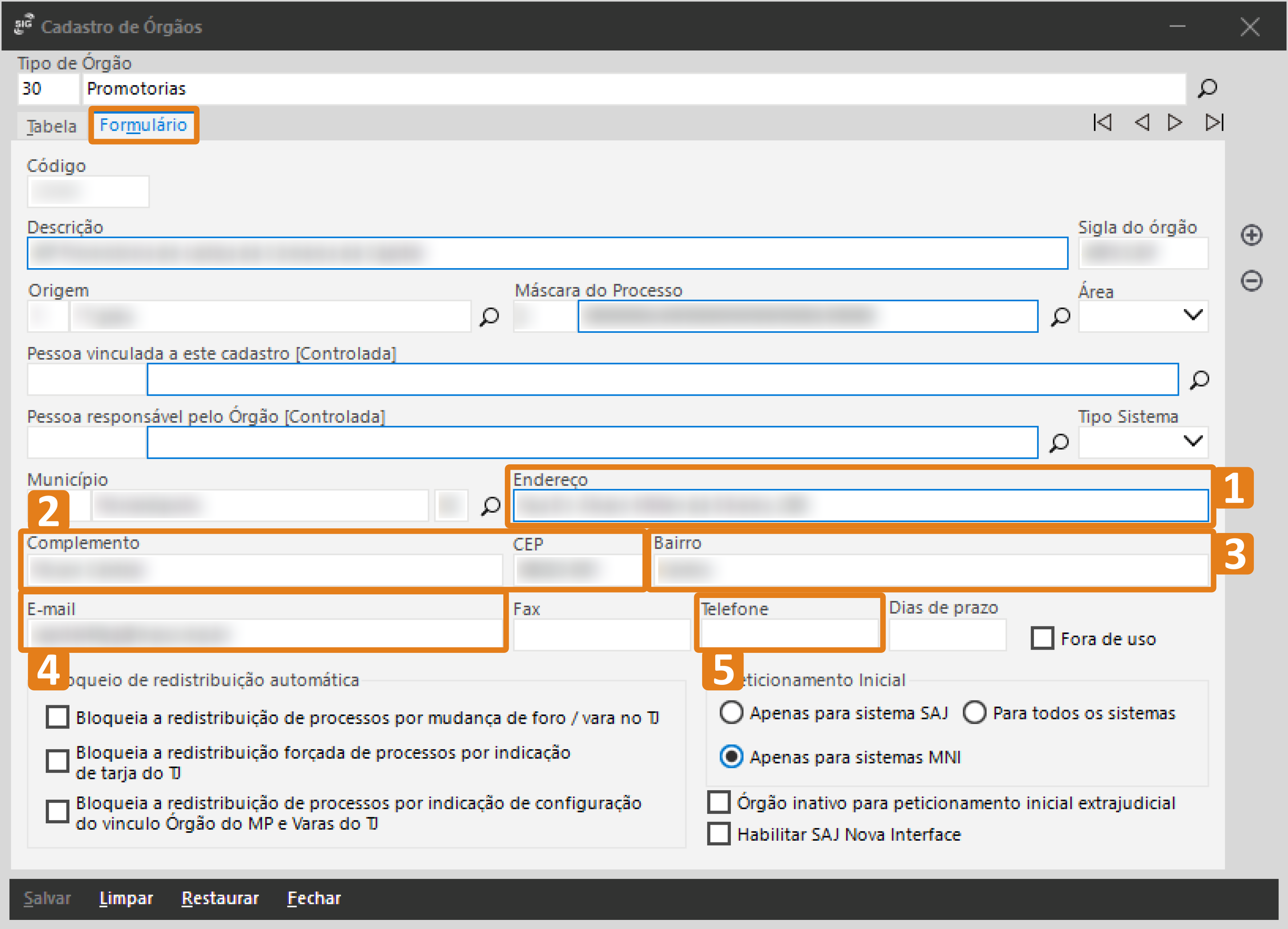 Tela do Cadastro de Órgãos do SAJ exibindo o formulário de preenchimento. Os destaques em laranja indicam os campos Endereço, Município, CEP e Bairro, o campo E-mail e o campo Telefone.