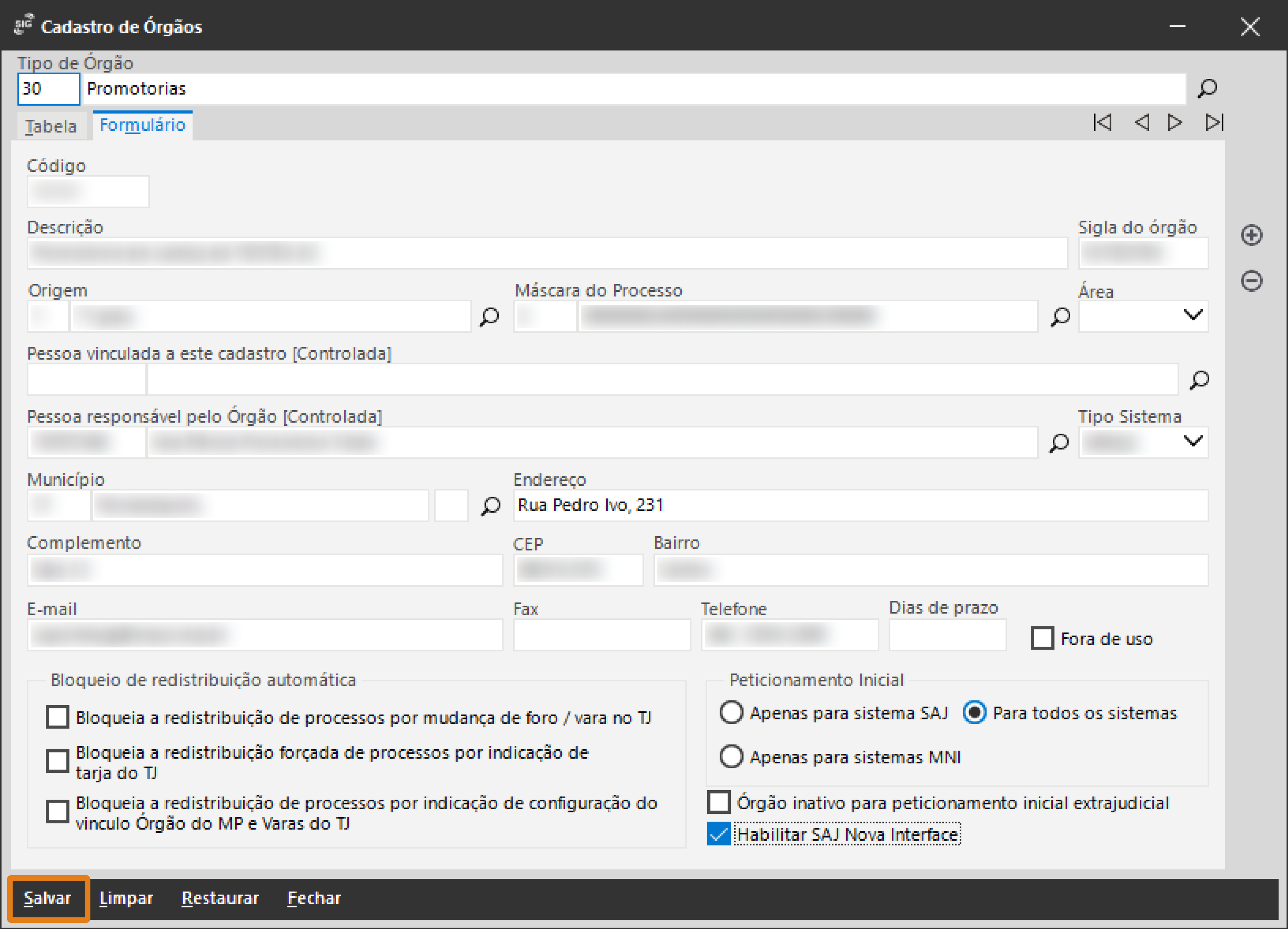 Tela do Cadastro de Órgãos do SAJ, com o botão Salvar destacado na parte inferior esquerda da interface.